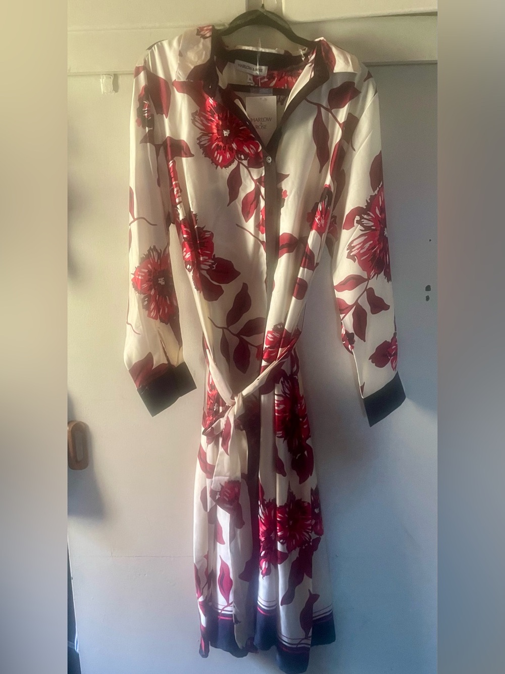 Silk Floral Shirt Dress in Cream and Red - Picture 4 of 6